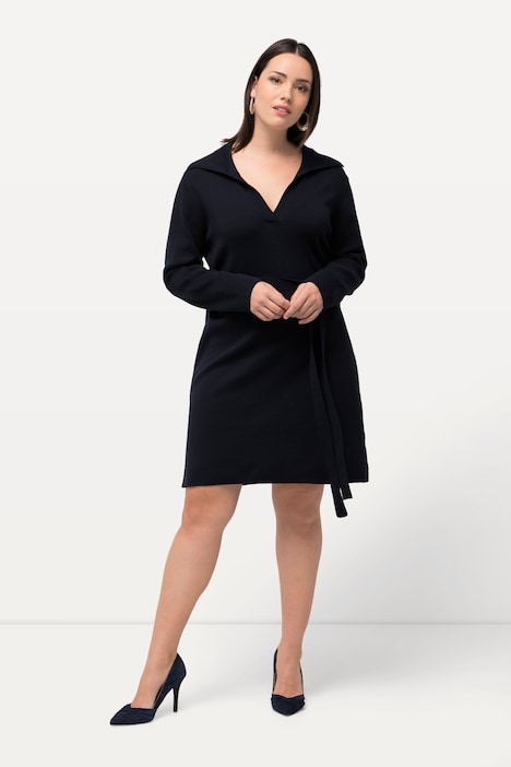 Strickkleid, Gürtel, Hemdkragen, V-Ausschnitt, Langarm