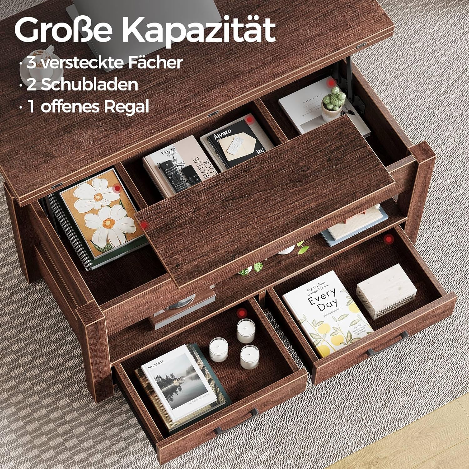 Rolanstar Höhenverstellbarer Couchtisch mit 2 Schubladen, 100 x 50 cm Wohnzimmertisch aus Holz,Platzsparend & Einfach Montiert für Schlafzimmer, braun