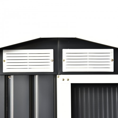 Casinha de jardim metálica Outsunny para armazenamento, cinza e branca.