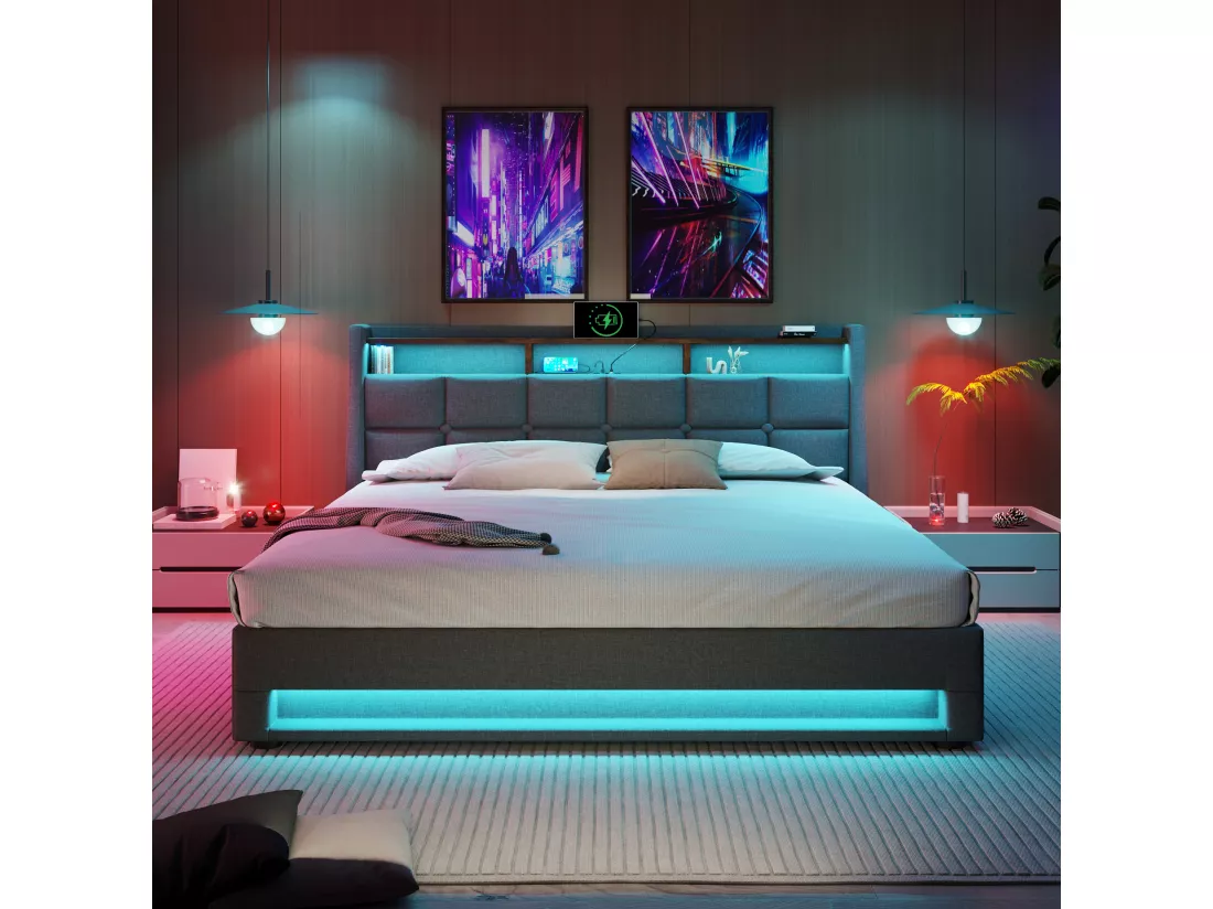 Lit coffre en lin 160x200cm avec LED et ports USB - sommier à lattes - gris