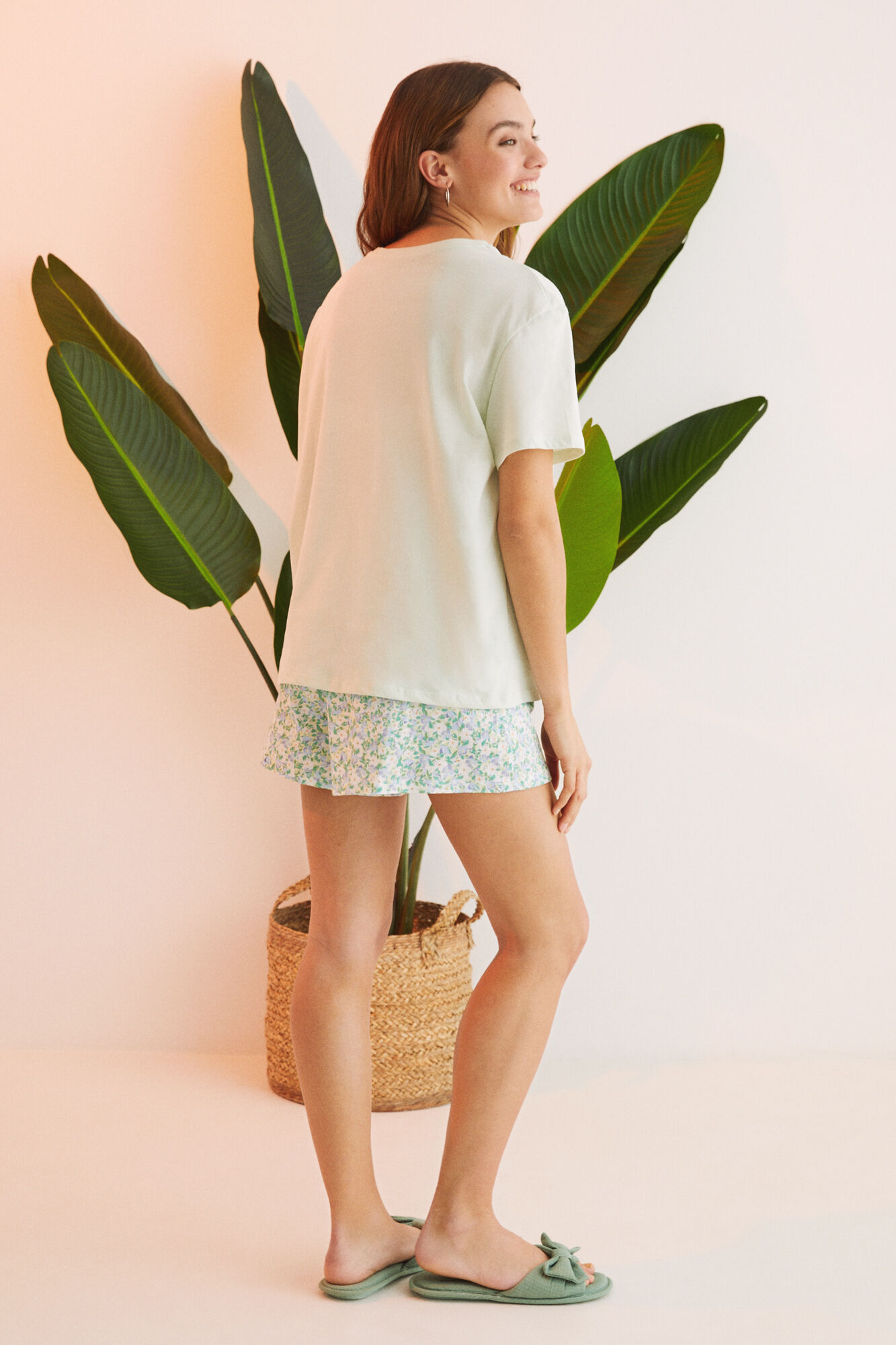Pijama curto, 100% algodão, estampa floral verde - verde