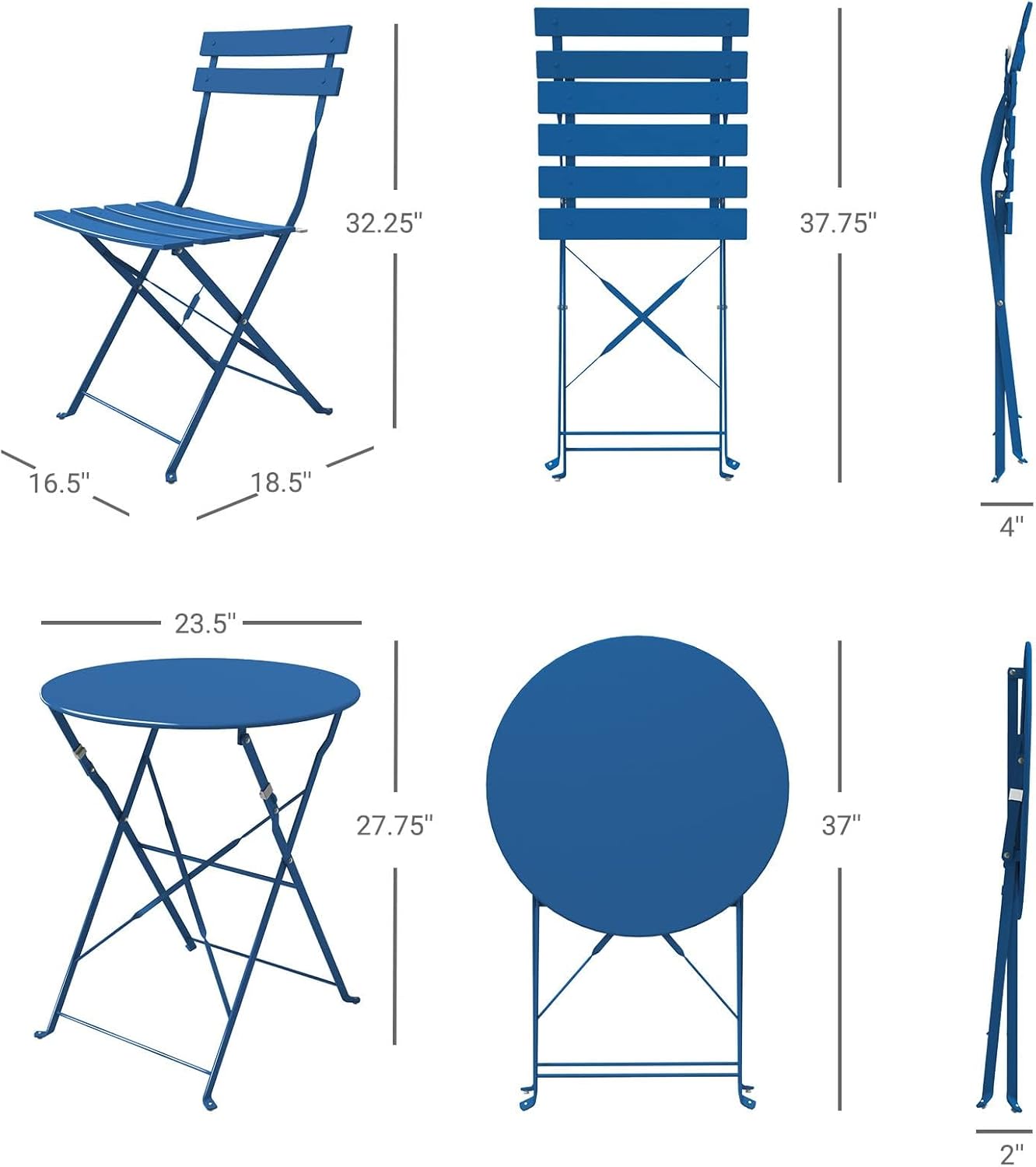 Grand patio Bistro Set 3 Stück, Gartenmöbel Set, Sitzgruppe 2 Stühle und 1 Tisch, Premium Stahl, Klappbar, Balkonset für Hof, Garten, draussen (Pfauenblau#1)