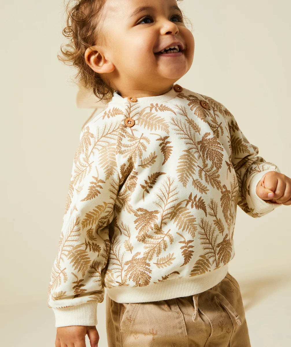 SWEAT BÉBÉ GARÇON EN FIBRES RECYCLÉES ÉCRU IMPRIMÉ FEUILLES