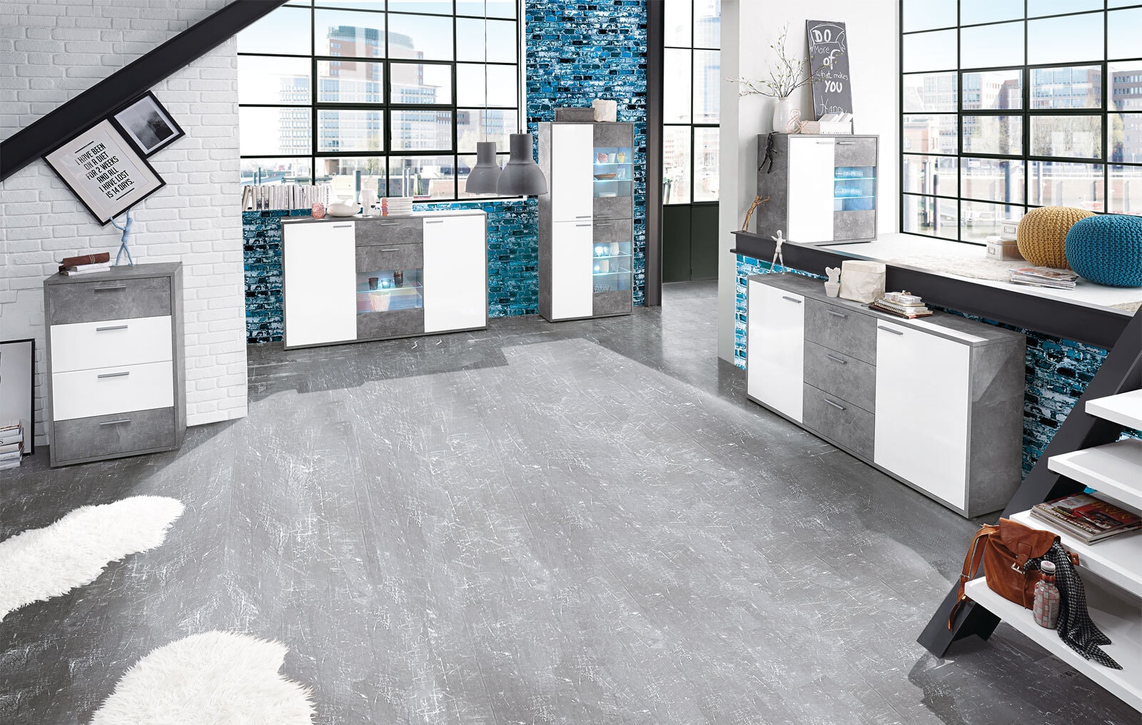 Highboard Mountain Weiß Hochglanz/Beton-Optik 180 x 112 x 37 cm
