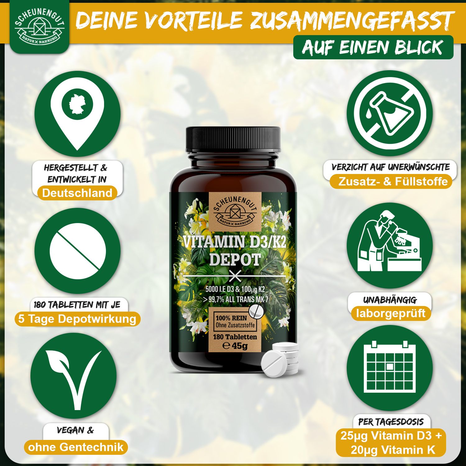 Scheunengut® Vitamin D3 K2 - Hochdosierte Depot Kapseln mit 5000 IE D3 & 100µg K2