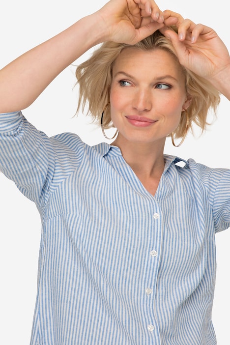 Bluse, Leinenmix, Streifen, Hemdkragen, 3/4-Ärmel