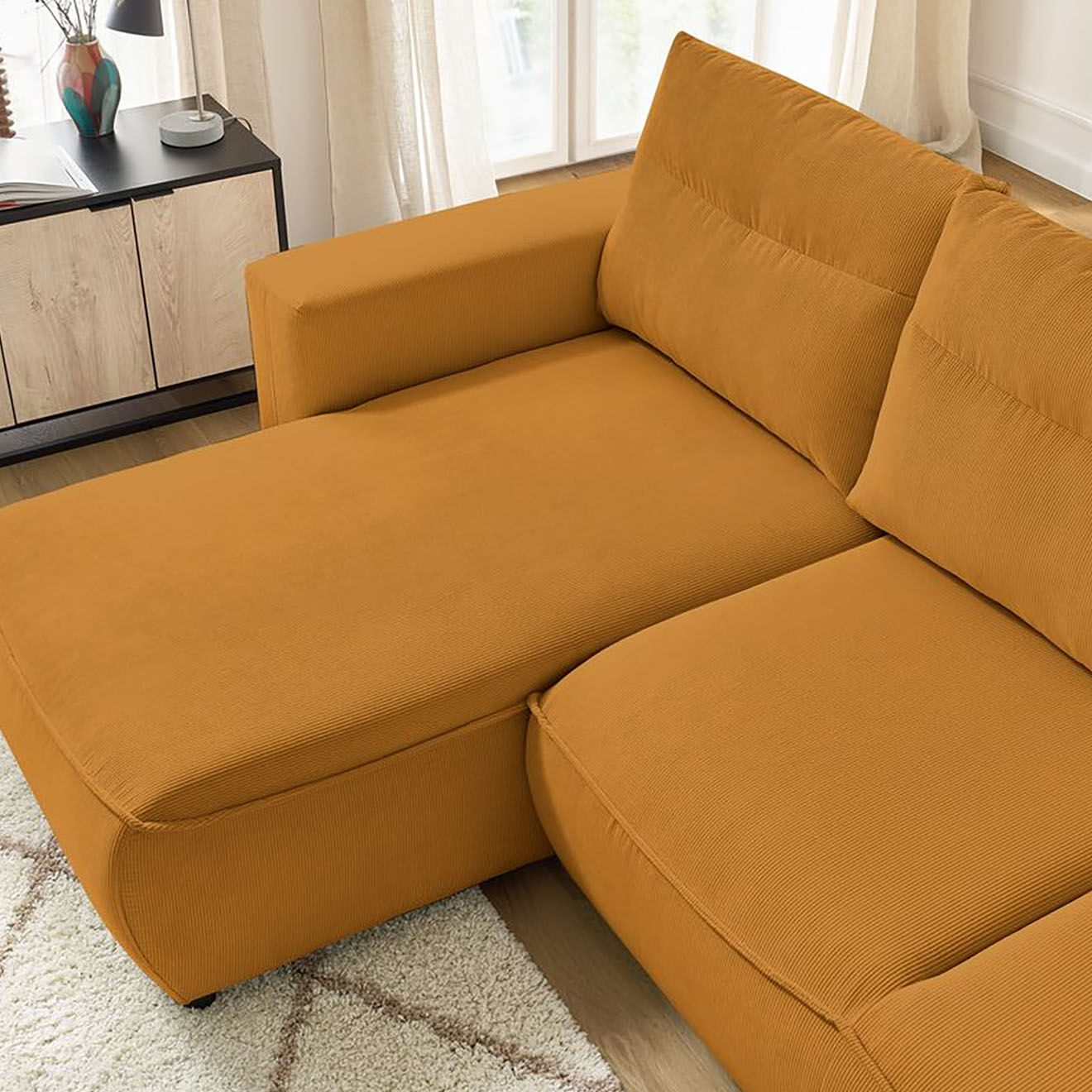 Bobochic Canapé d'angle gauche convertible coffre jasmin velours côtelé jaune - 256x158x90 cm