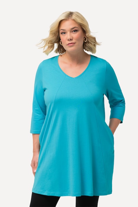 Longshirt, Ziernähte, A-Linie, V-Ausschnitt, 3/4-Arm