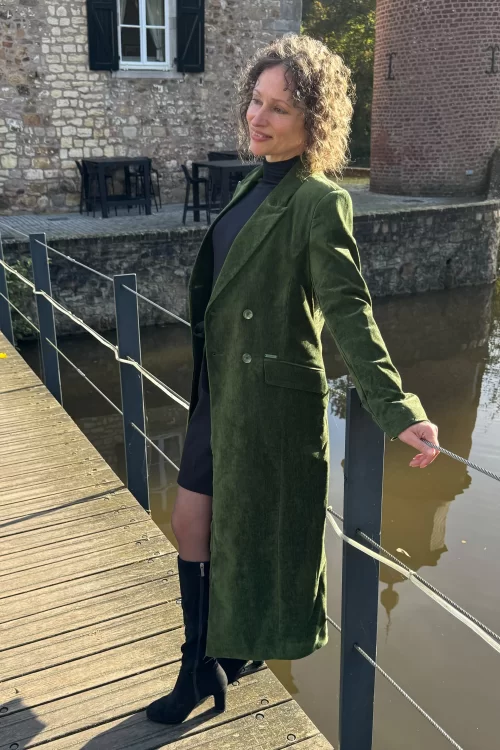 Surkana Cassie Double Breasted lange fluwelen jas in groen