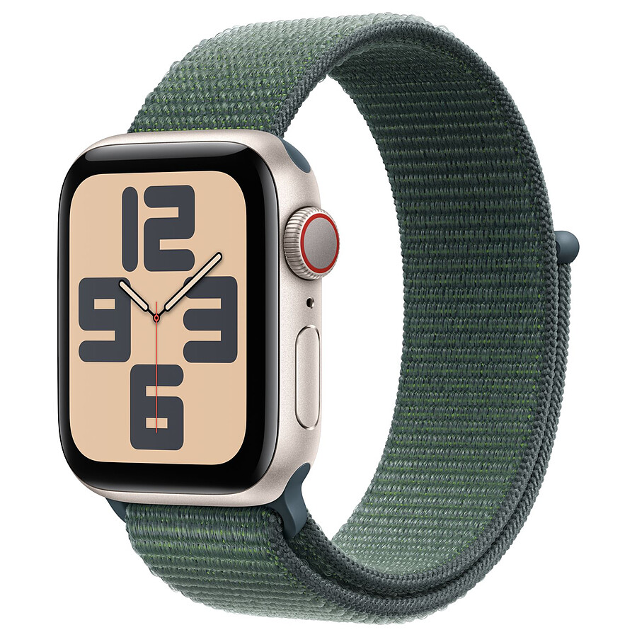 Apple Watch SE GPS + Cellular (2024) - 44 mm - Aluminium Lumière Stellaire - Bracelet Sport Textile Vert Lacustre