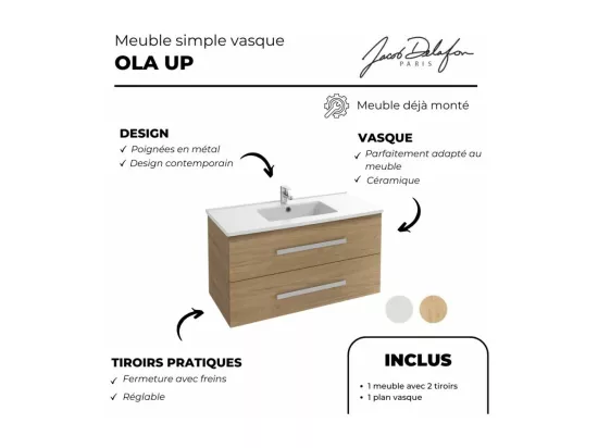 Pack meuble vasque 80 cm JACOB DELAFON Ola up chêne + miroir + spot