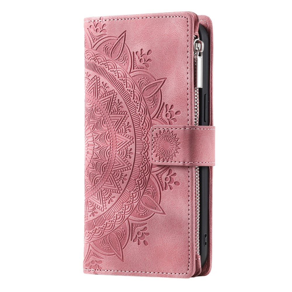 Samsung Galaxy A55 Leder Tasche Flip Cover mit Reissverschluss - Mandala Flowers Imprint - Rosa