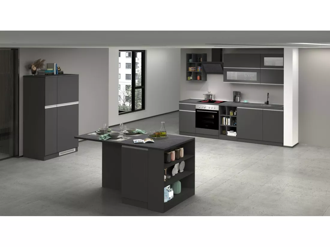 Cuisine complète Dcastill, Ensemble avec garde-manger, Meuble de kitchenette, Kit bloc linéaire, 100% Made in Italy, 255x60h85 cm, Anthracite et Ardoise