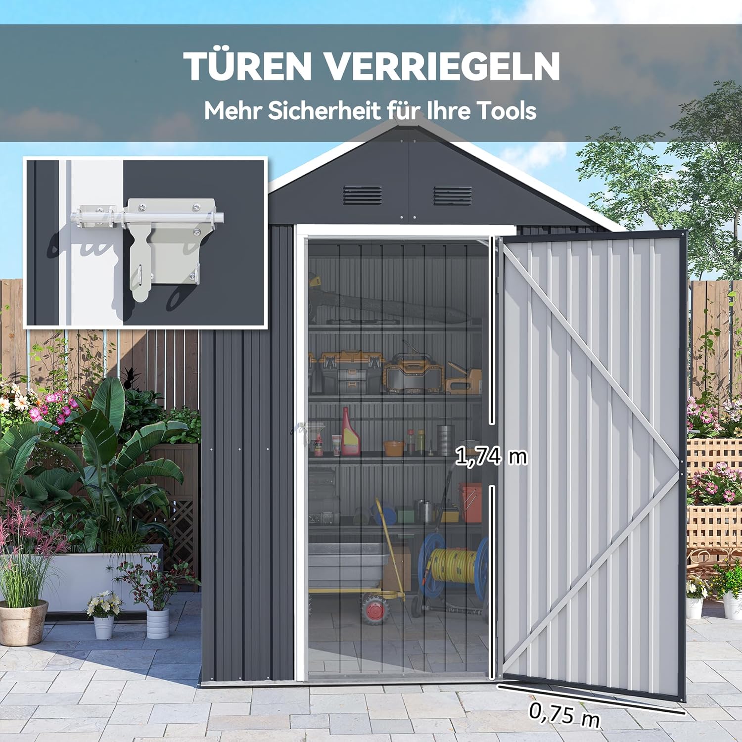Outsunny Geräteschuppen 4㎡, Stahl Gartenhaus mit Fenster 259 x 172 x 222 cm abschließbares Gerätehaus, Gartenschrank für Terrasse, Balkon, Dunkelgrau