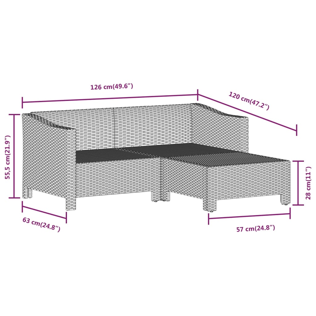 Salon de jardin meuble d'extérieur ensemble de mobilier 3 pièces avec coussins gris résine tressée