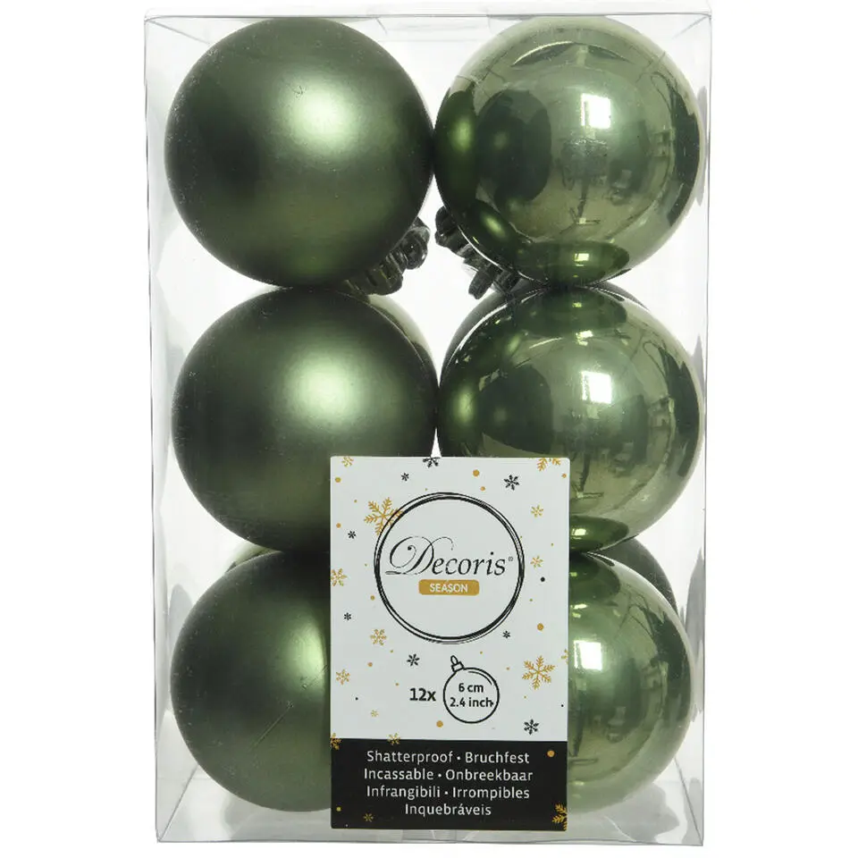 Decoris Kerstballen - 12 stuks - kunststof - mos groen - 6 cm
