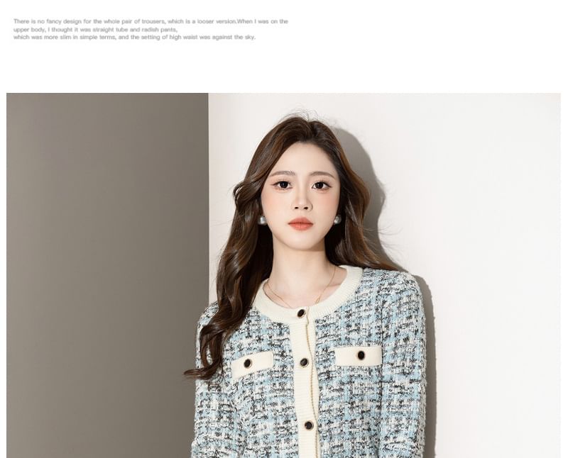 EFO - Set: ronde hals, contrasterende rand, cardigan + hoge taille kokerrok