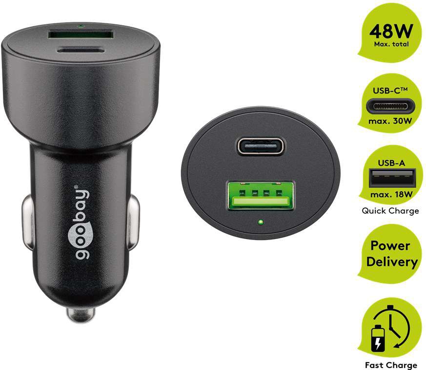 Goobay KFZ USB 2 Port 48W USB-C PD   QC3.0 sw PL Dual-USB Auto Schnellladegerät USB-C