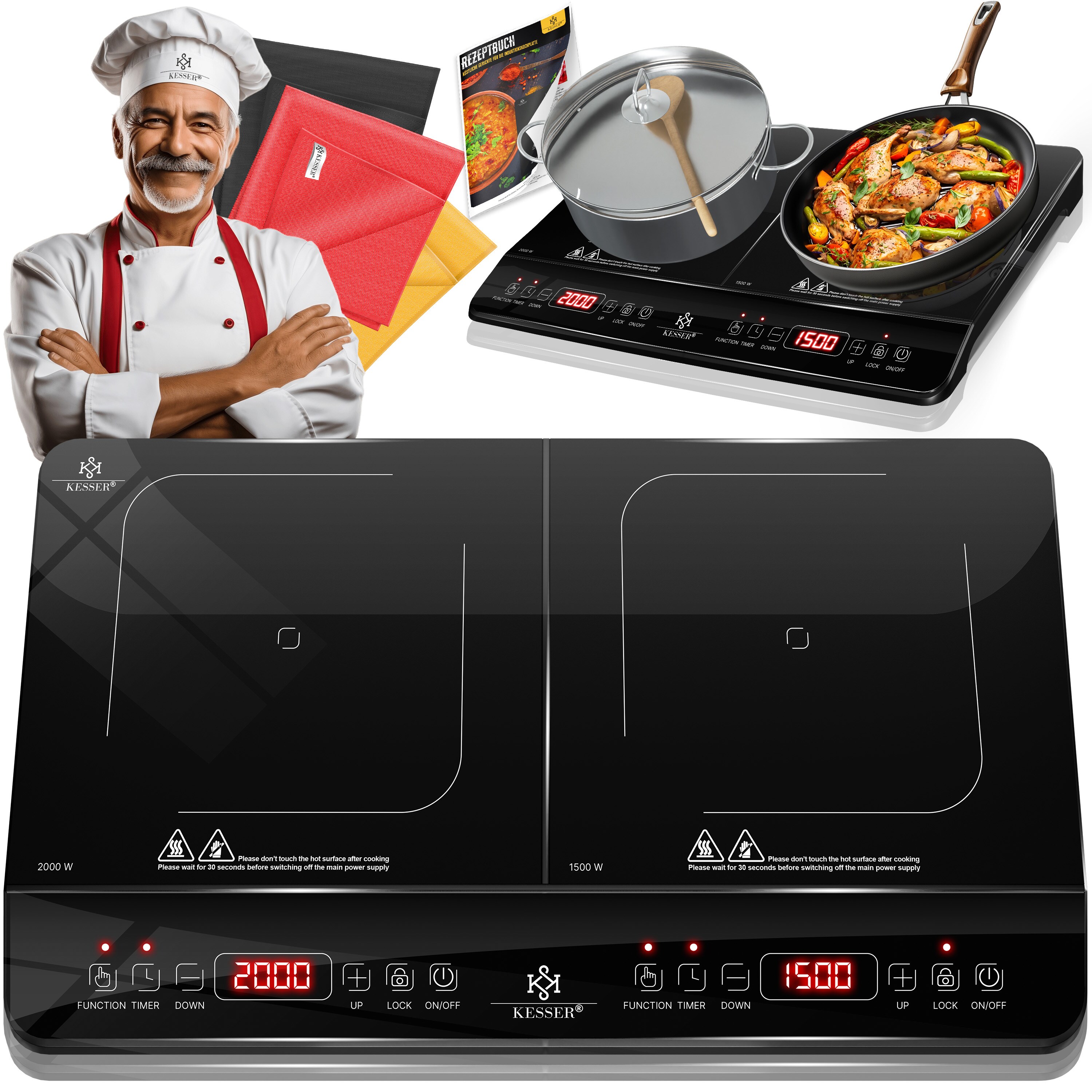 KESSER® Induktionskochplatte Induktionskochfeld Tragbare 28cm Kochplatte + 3x Mikrofasertuch + 1x Rezeptbuch, Heizstufen, Stunden-Timer, Touch-Steuerung, Booster-Funktion 220-240V