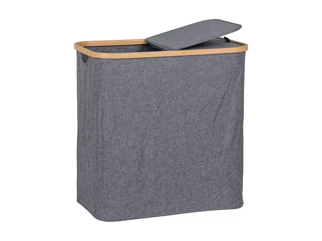 ANDREW - Panière à Linge en Tissu Gris et Bambou Double Abattants