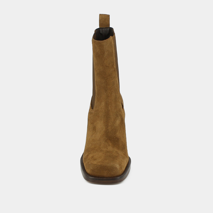 Boots à talons hauts et élastiques  en croute tabac
