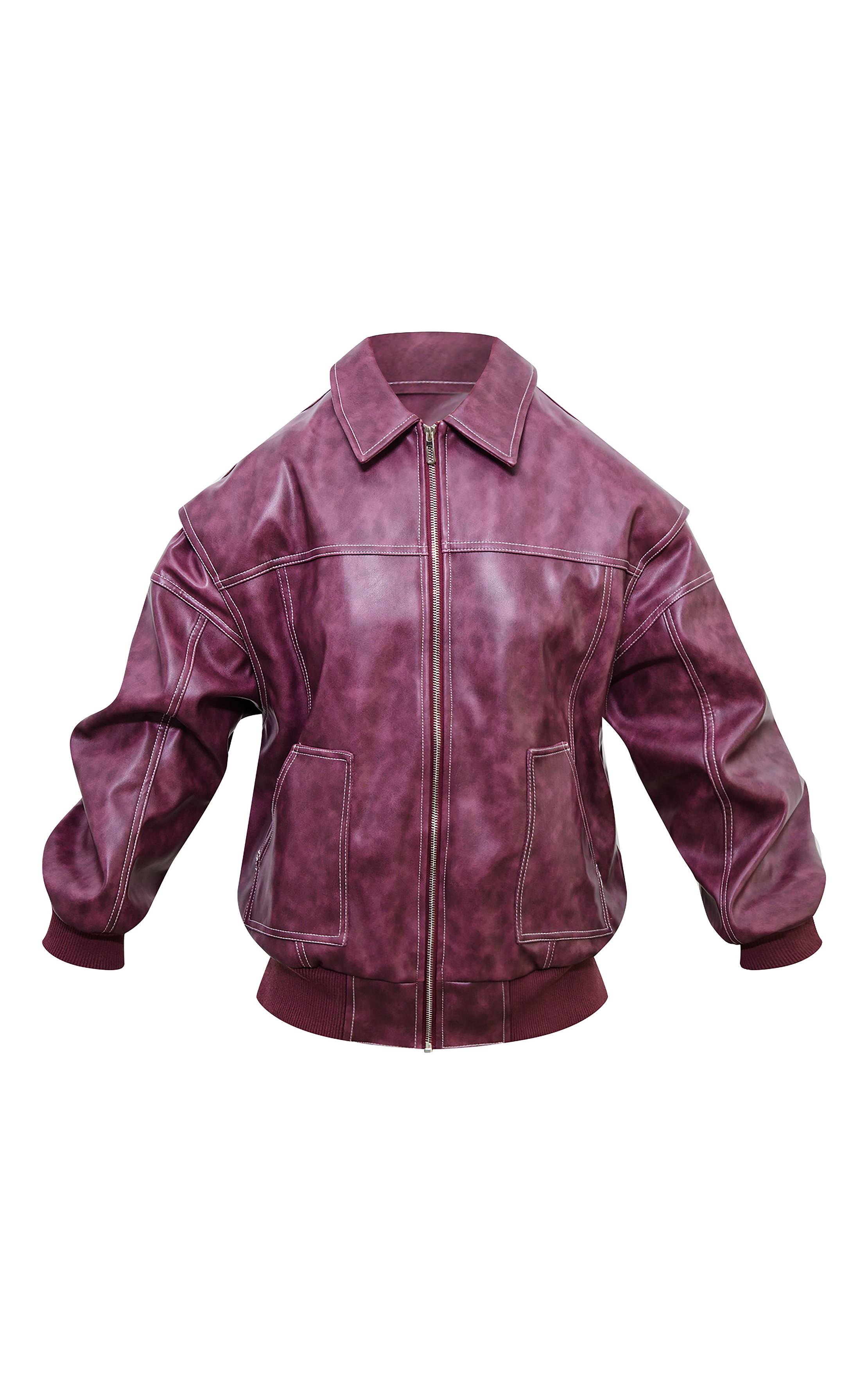 Rouge Bordeaux Veste Bomber Longue Oversize En Synthétiquecuir Effet Vieilli