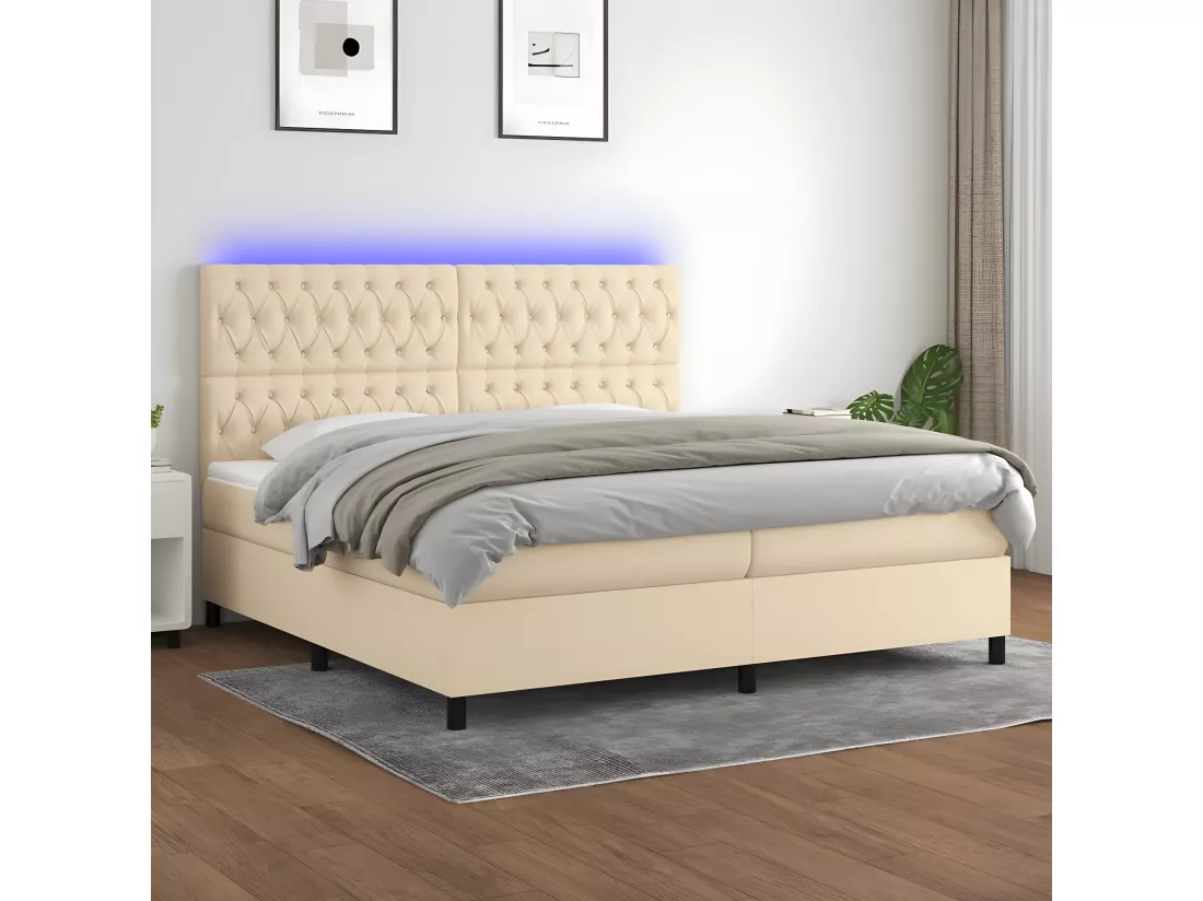 Sommier tapissier et matelas et LED Crème 200x200 cm Tissu