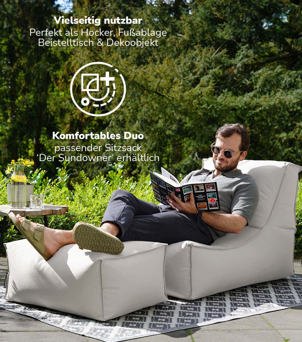 Buitenpoef of kruk 60x45cm in grijs voor balkon en tuin 'The Calm One' vierkante voetenbank, vloerkussen, kubuszitting, poef, voetenbank en bijzettafel met EPS-korrelvulling, geschikt voor binnengebruik