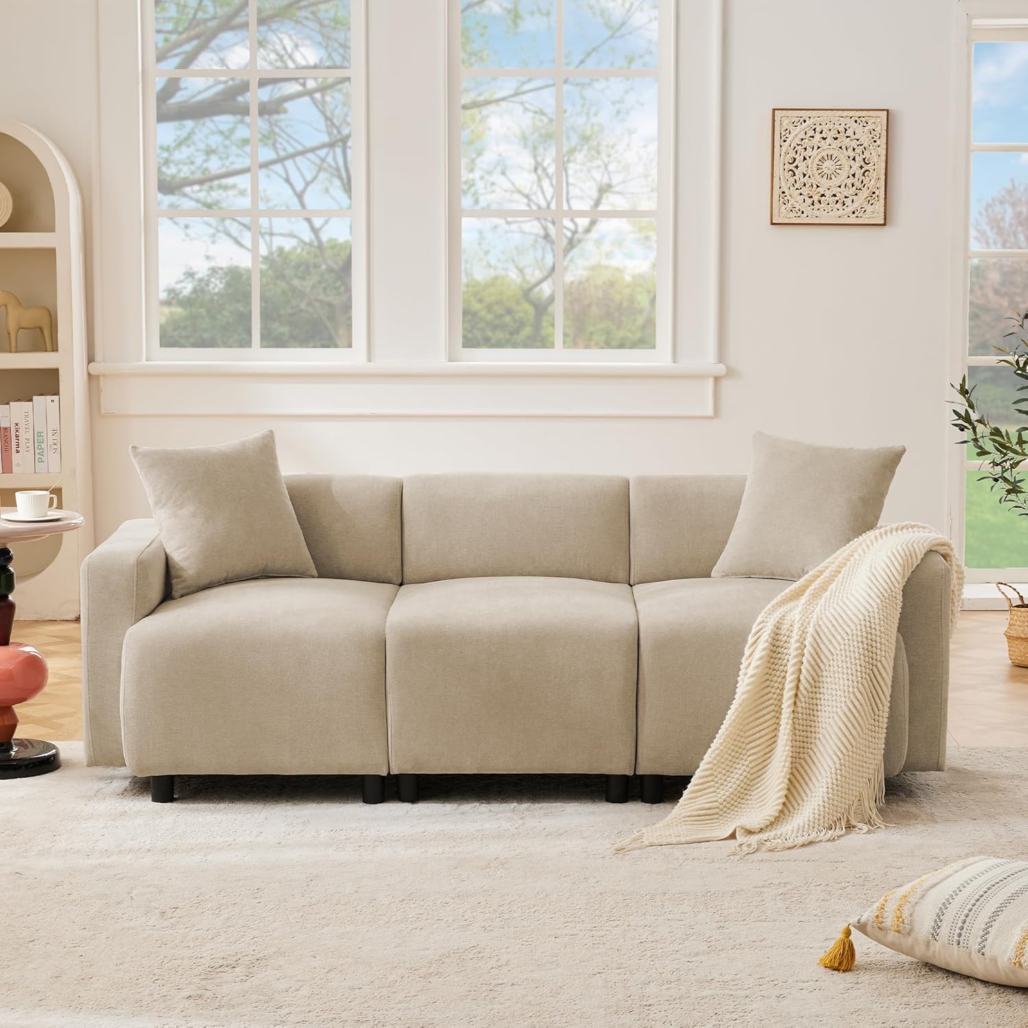 Sofa 3-Sitzer Ecksofa mit Stauraum, abnehmbarem Fußhocker und 2 Kissen, Chenille-Stoff, Premium Komfort - Modernes L-förmiges Couch für Wohnzimmer Schlafzimmer Büro (Beige B)