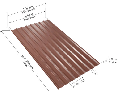 PRECIT trapeziumvormige dakbaan met anticondensvlies W20LV roodbruin RAL 8012, vaste breedte 1135 mm x dikte 0,5 mm (verkocht per meter van 150 tot max. 900 cm)
