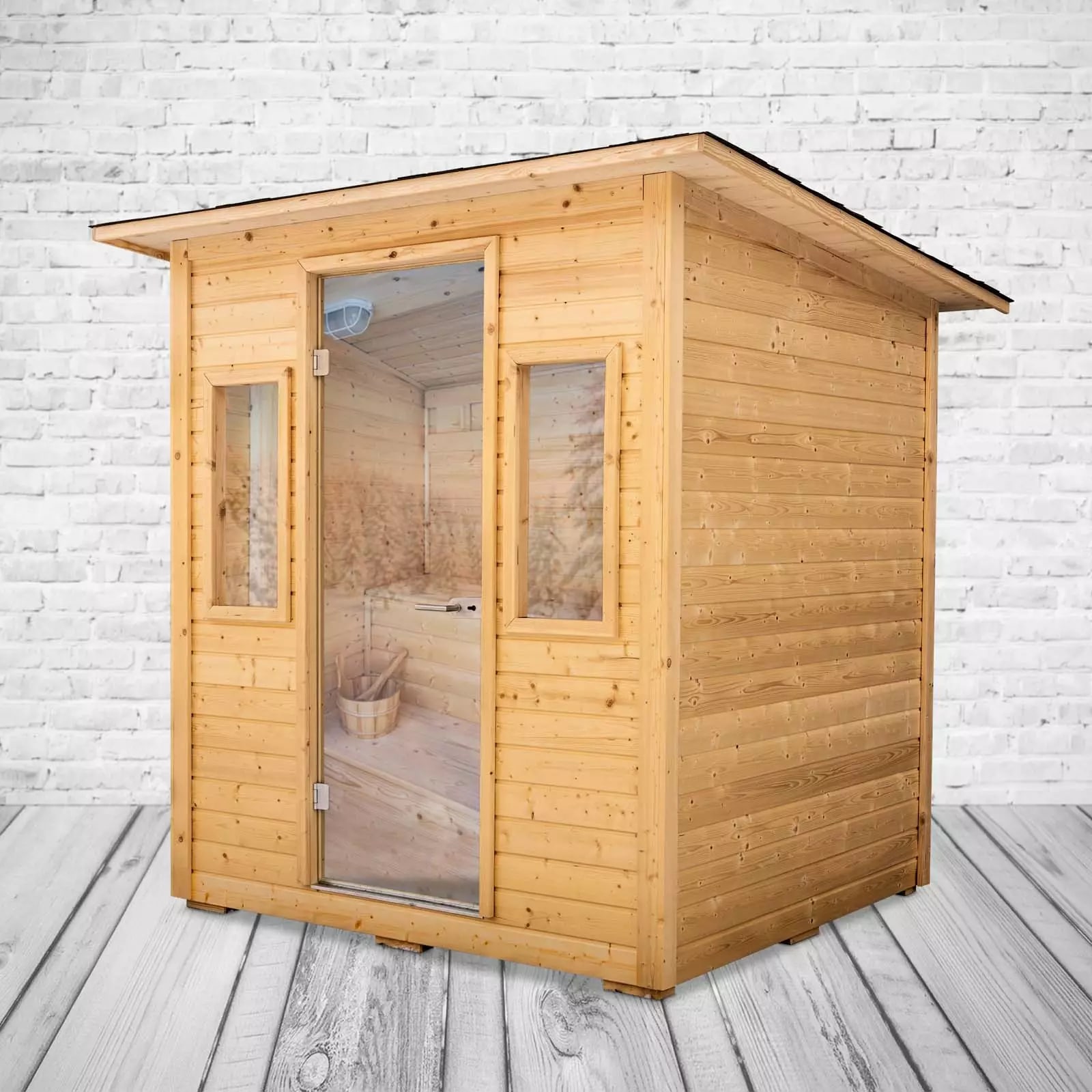 PureHaven Aussensauna 190x205x240 cm mit finnischem Saunaofen von Harvia inkl. kompletten Zubehör einfach montierbar energiesparend leichte Bedienung