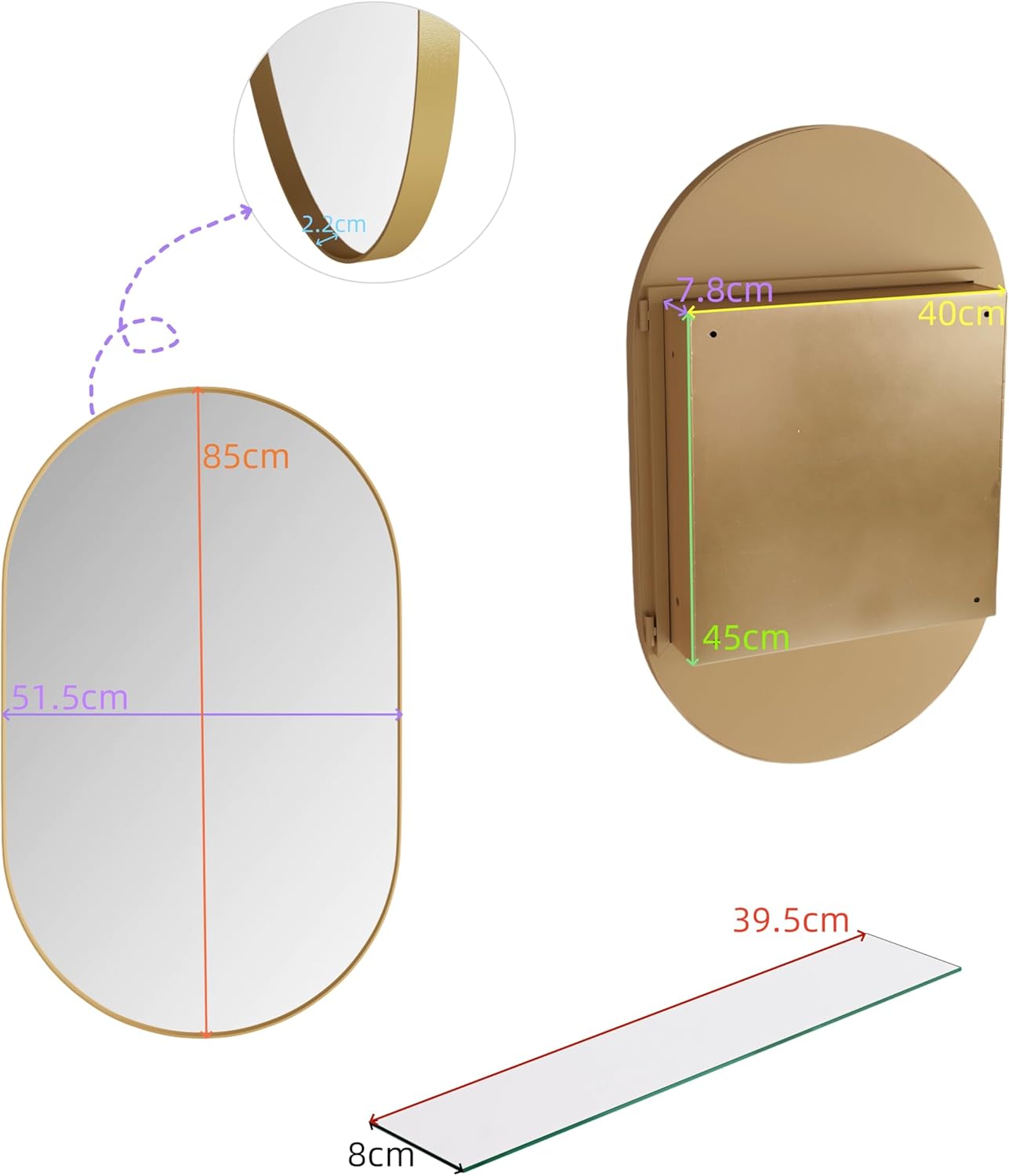 Stylish Oval Mirror Cabinet, Recessed Medicine Cabinet, Wall Cabinet with Metal Framed, Mirror and Adjustable Shelves, Mirror Cabinet with Storage for Bathroom, Living Room and Bedroom, Gold
