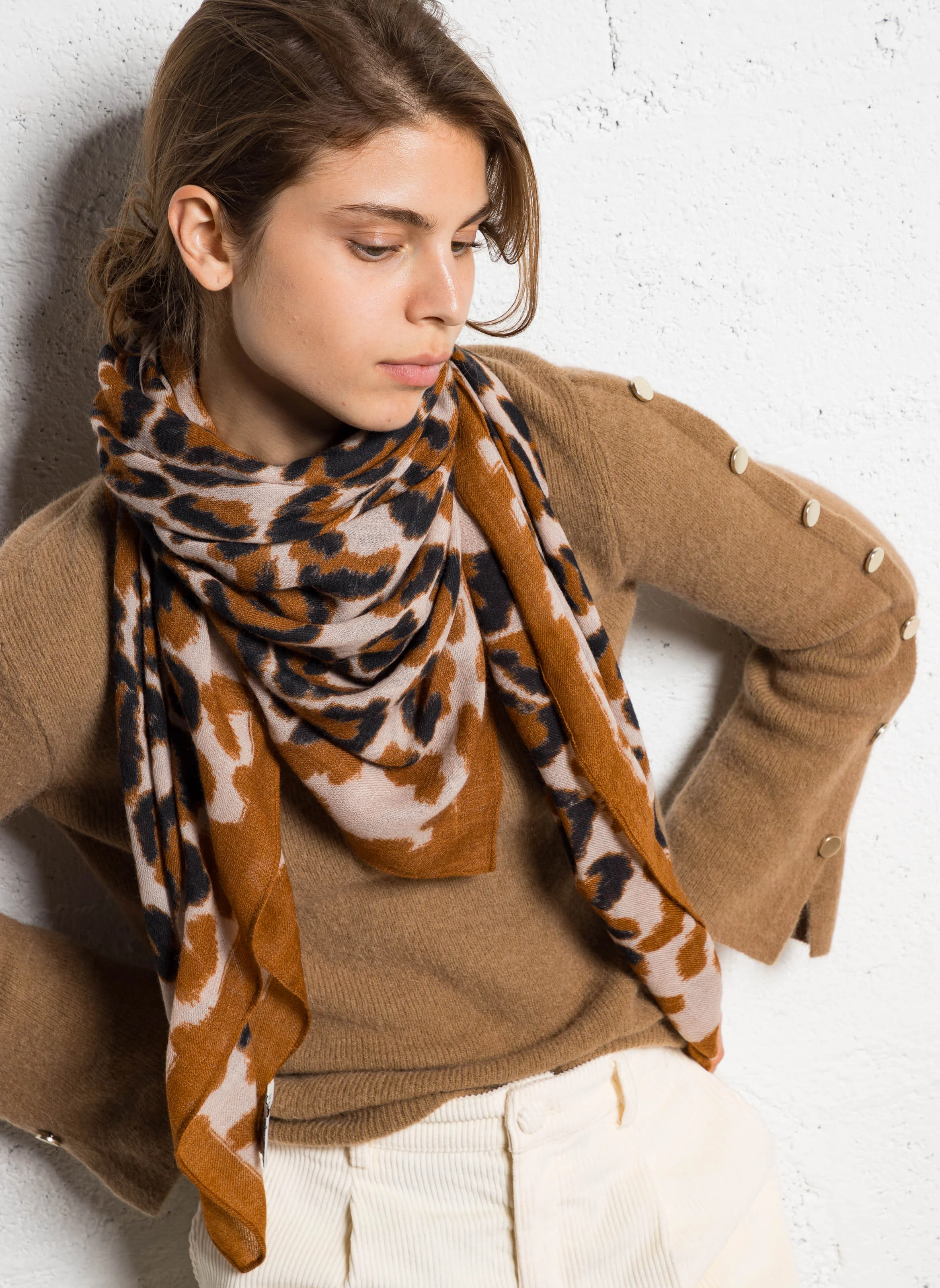 Foulard imprimé en laine | Marron