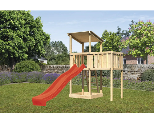 Speeltoren/speelhuis Karibu Anna, 107 x 107 cm, van hout, bestaande uit een glijbaan en een rode aanbouw.
