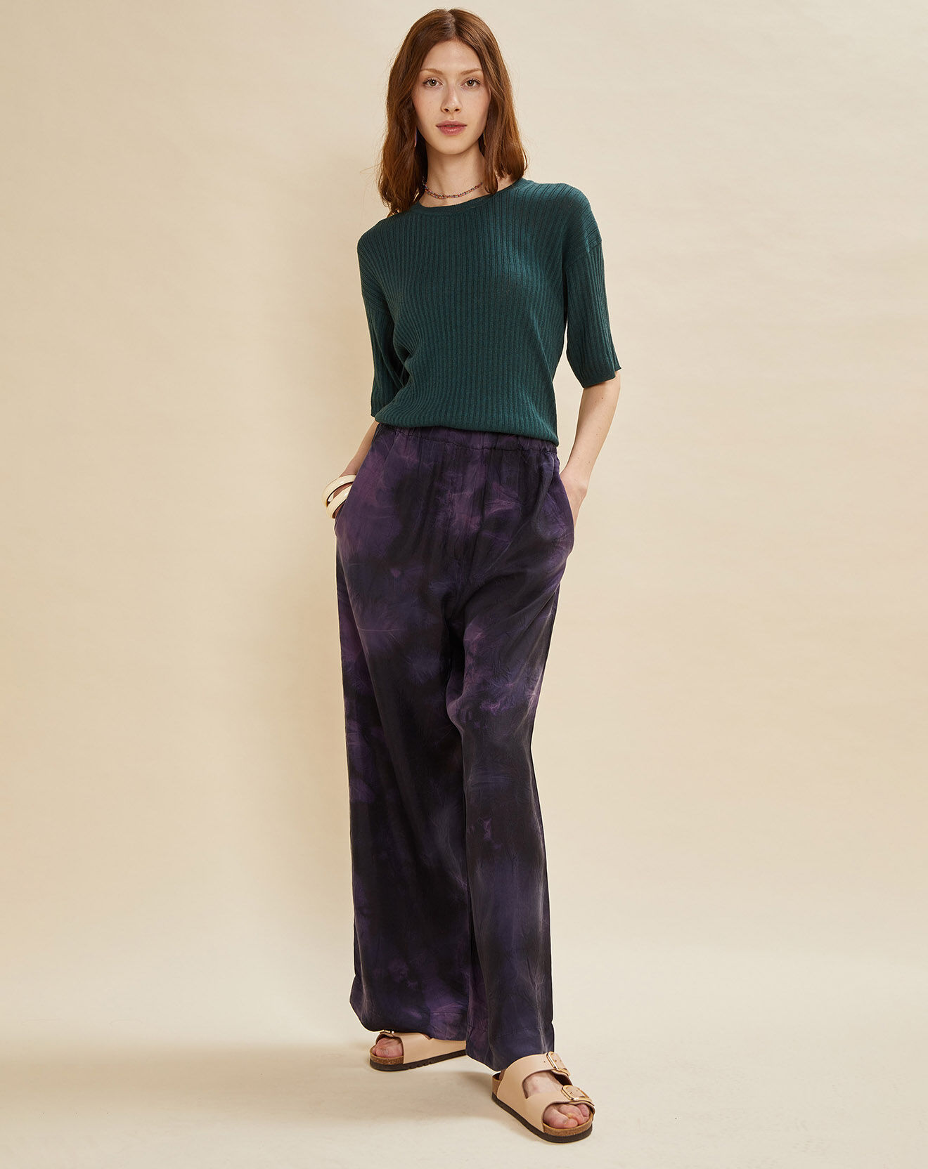 Chloé Stora Pantalon 100% Soie Pueblo tie & dye bleu marine/violet