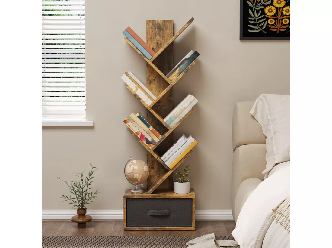 Bealife Bibliothèque 7 Niveaux Étagère de Rangement 1 Tiroir Tissu Arbre Livre CD Magazine Salon Chambre Marron