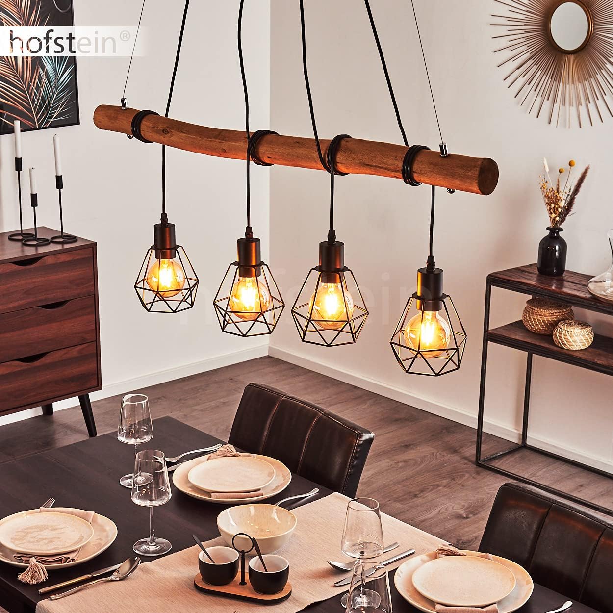HOFSTEIN Pendelleuchte Seegaard, 4-flammige Hängelampe aus Metall in schwarz und Holz, Vintage/Boho Style Zimmerlampe, 4 x E27, Leuchtenköpfe individuell einstellbar, für Esszimmer, Wohnzimmer, Küche