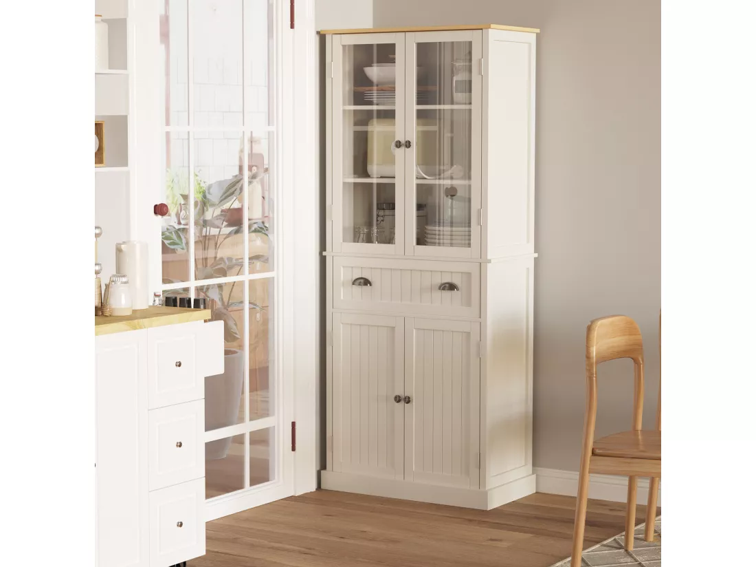 Armoire de cuisine buffet haut 4 portes grand tiroir coulissant dim. 76L x 40l x 182H cm panneaux crème verre