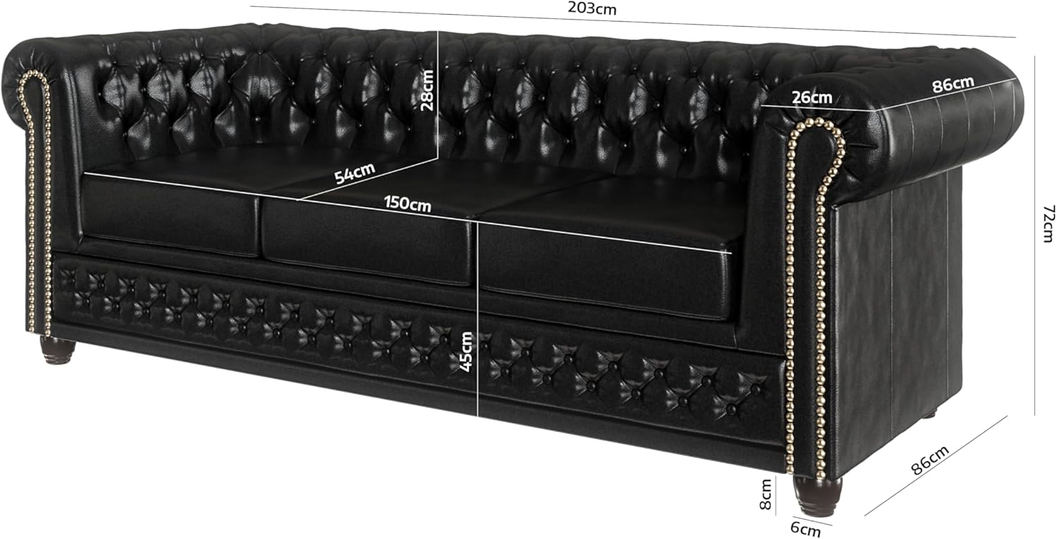 George Sofa 3-Sitzer Chesterfield-Sofa für Wohnzimmer Lounge Couch Aus Veganem Leder Möbel Freistehende Polster Sofas & Couches Couchgarnitur Schwarz 203 x 86 x 72 cm