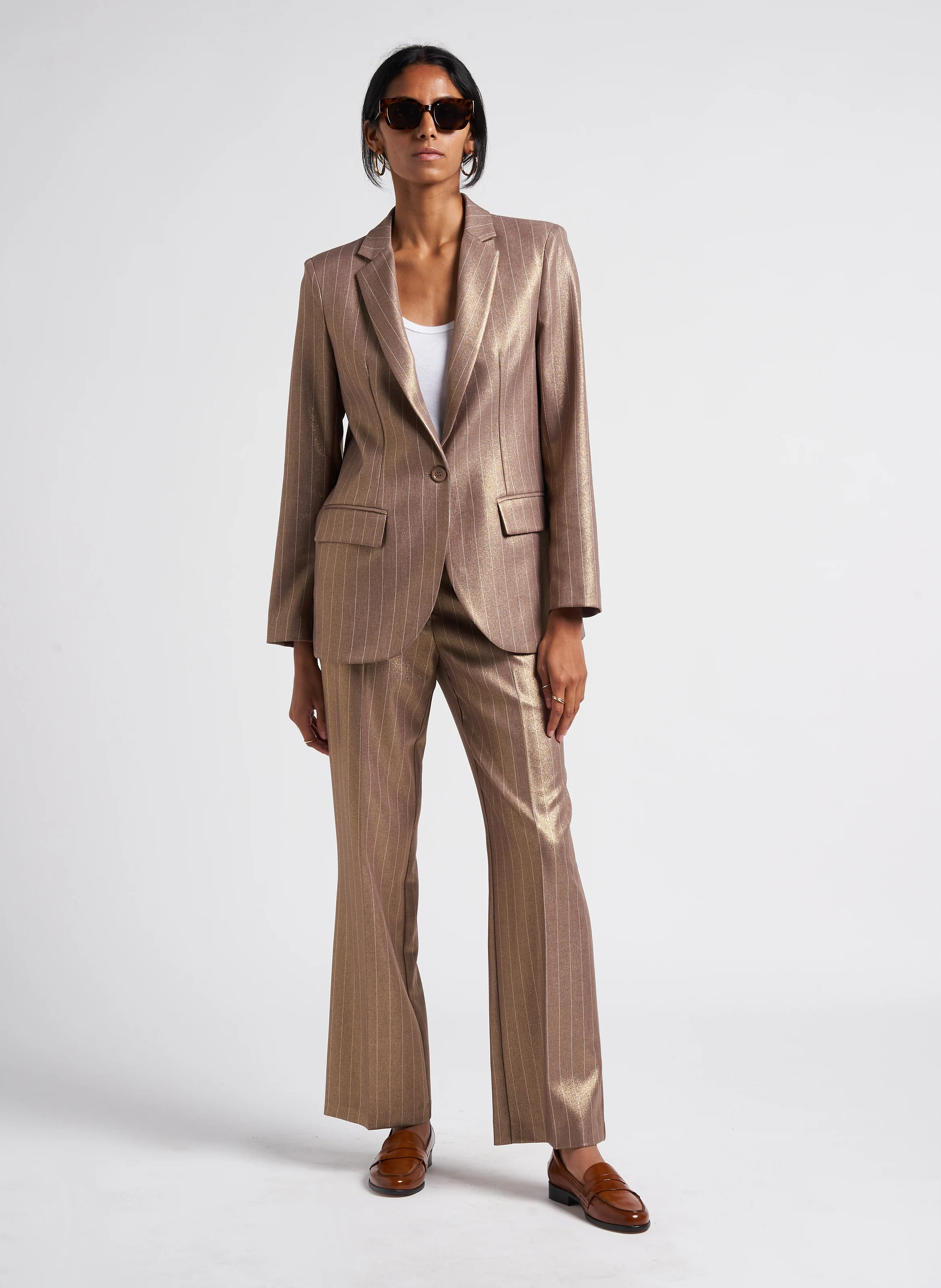 Pantalon taille haute droit à rayures | Doré