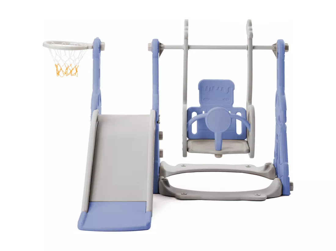 Portique enfant toboggan, echelle et balançoire avec panier de basket-ball - aire de jeux 4 en 1 - usage intérieur extérieur - Bleu