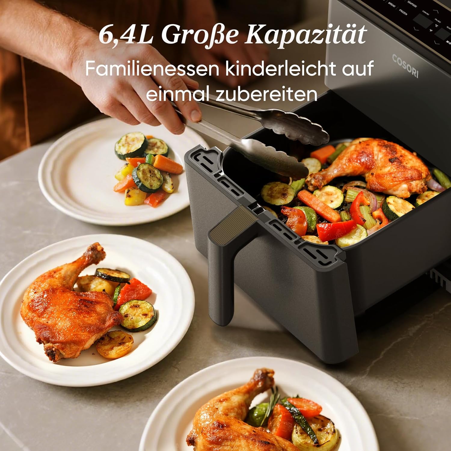 COSORI Dual Blaze Airfryer - Smart Heißluftfritteuse mit Wlan - 6,4L XXL Air Fryer - 11-in-1: Backen, Grillen, Brot, Hühnchen - 80+ Rezepte - spülmaschinenfest, Grau
