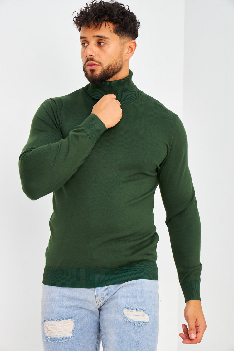 Pull col roulé vert foncé uni