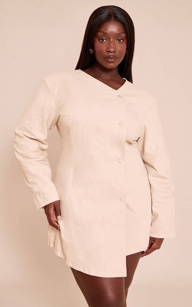 Naturel Robe Courte Grande Taille En Lin Premium Avec Taille Cintrée Et Manches Cocon
