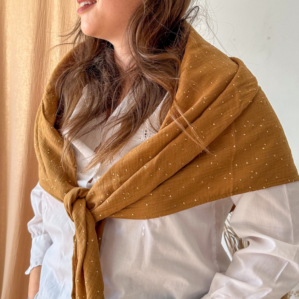 Foulard Pompon Gaze Pois Or Caramel