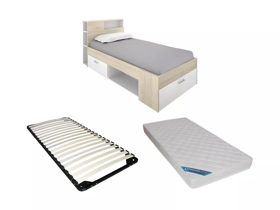 Lit avec tête de lit rangements et tiroir - 90 x 190 cm - Blanc et Naturel + matelas + sommier - LEANDRE