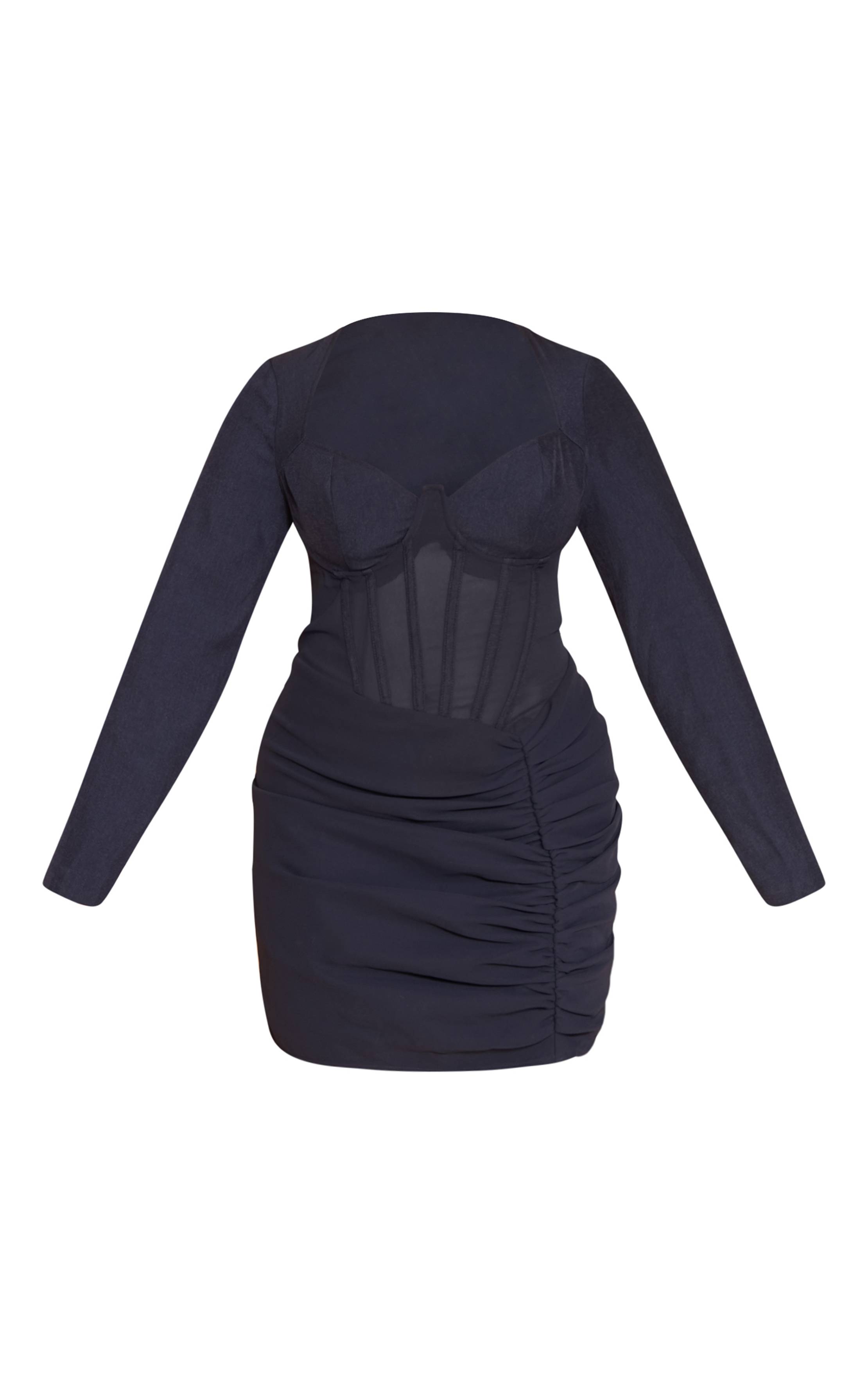 Bleu Marine Robe Moulante Mini À Empiècements Résille Avec Corset Et Fronces Latérales