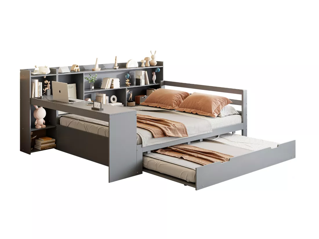 Lit gigogne 140 x 200 cm + 90 x 190 cm - avec bureau, compartiments et prises USB - Pin + contreplaqué + MDF - Gris