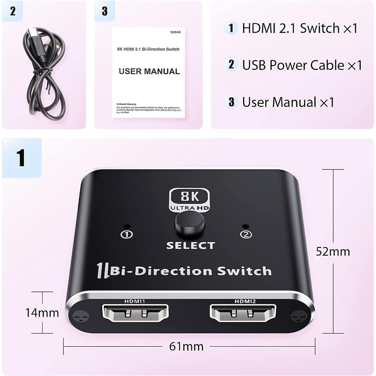 NÖRDIC 8K60Hz HDMI Switch 2 til 1 og Splitter 1 til 2 4K120Hz 48Gbps