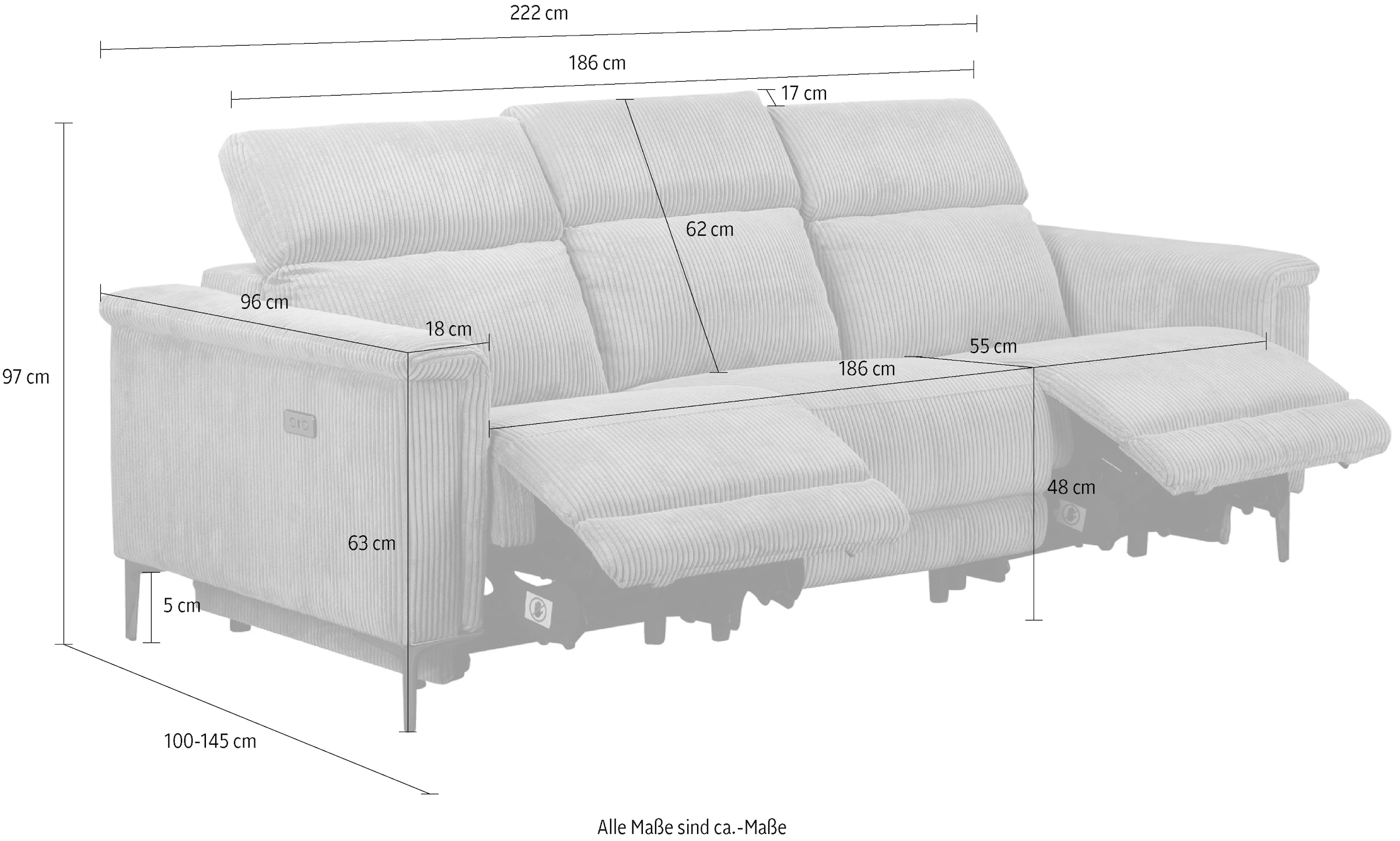 Home affaire 3-Sitzer »Lund Cord, mit manueller o. elektrischer Relaxfunktion in 2 Sitzen,« USB-C, Kopfteilverstellung, Breite 222 cm